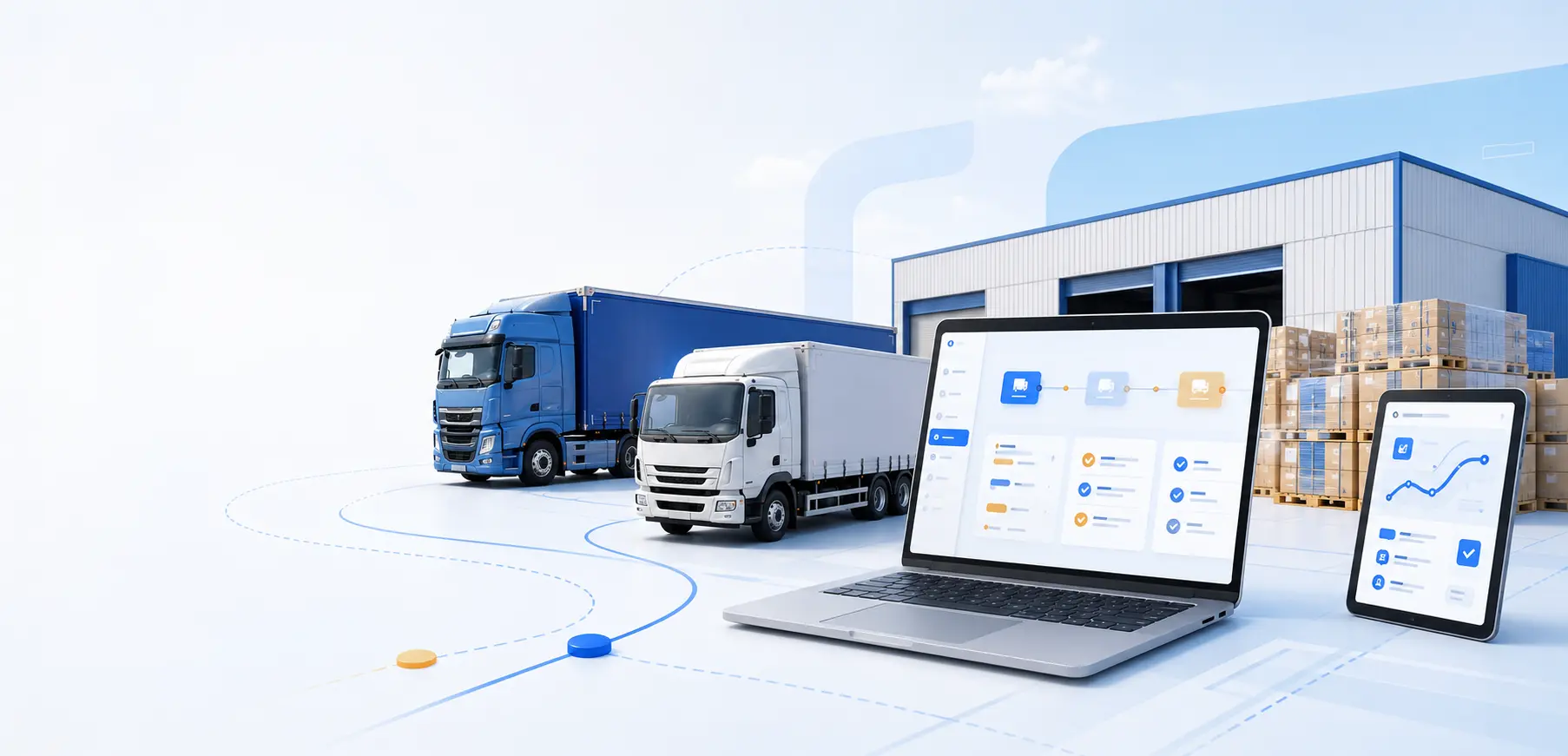Transport vehicles, a depot and digital workflow tools representing connected freight operations