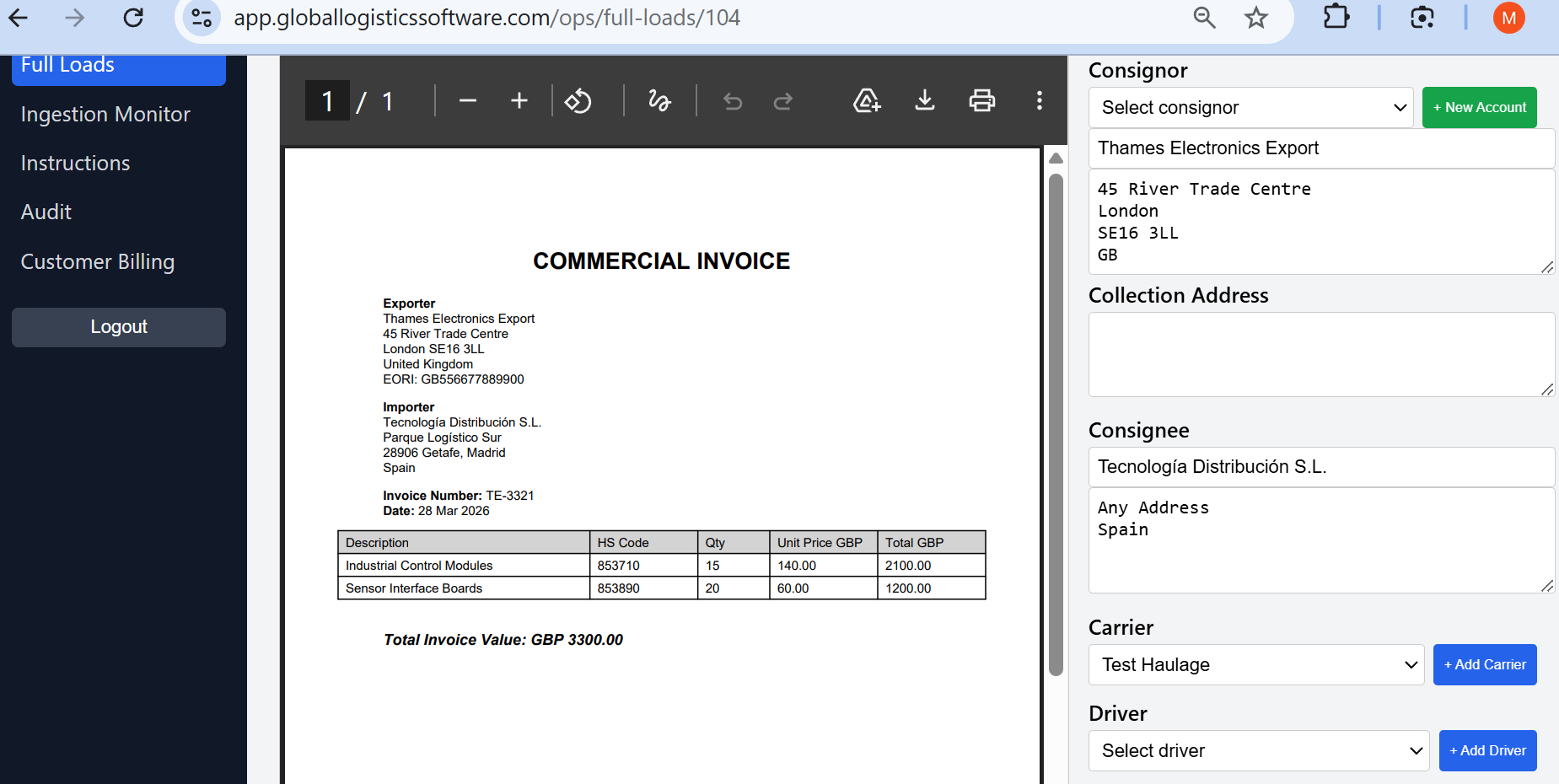 GLS transport job screen showing email invoice and transport job fields